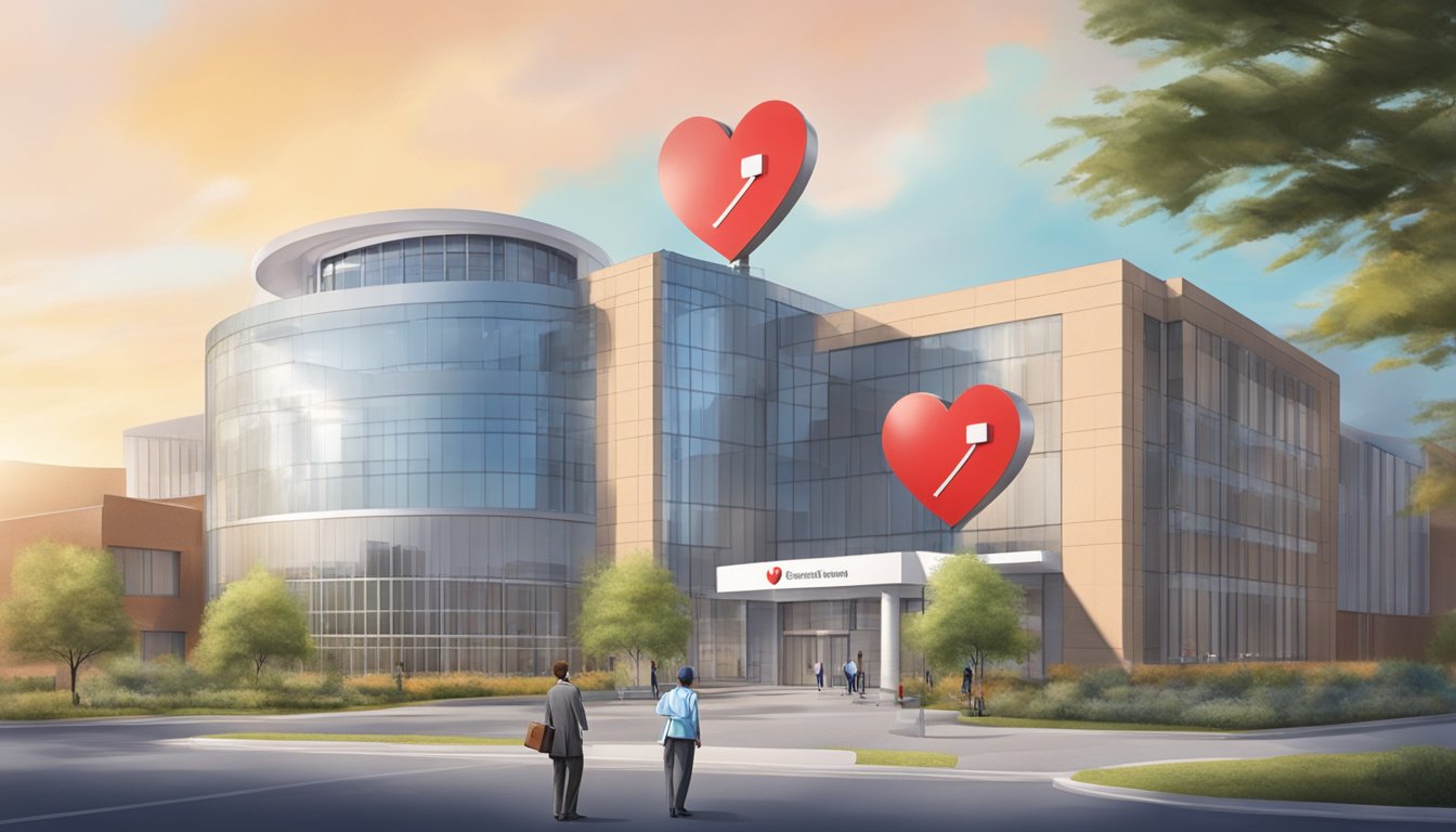 Dr. Chester Drum stands in front of the National University Heart Centre, with the hospital building and a heart symbol in the background