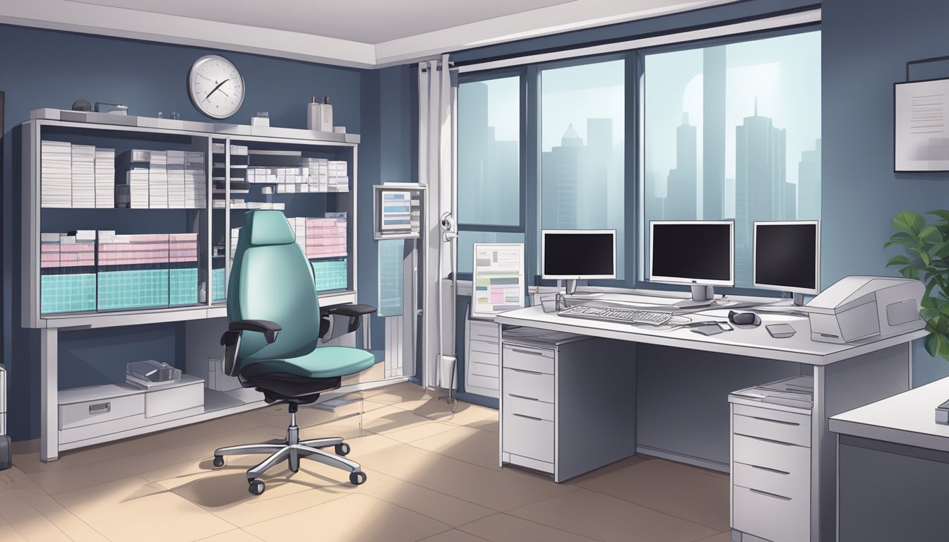 A cardiologist's office with a desk, computer, and medical equipment. The room is well-lit and organized, with charts and diagrams on the walls