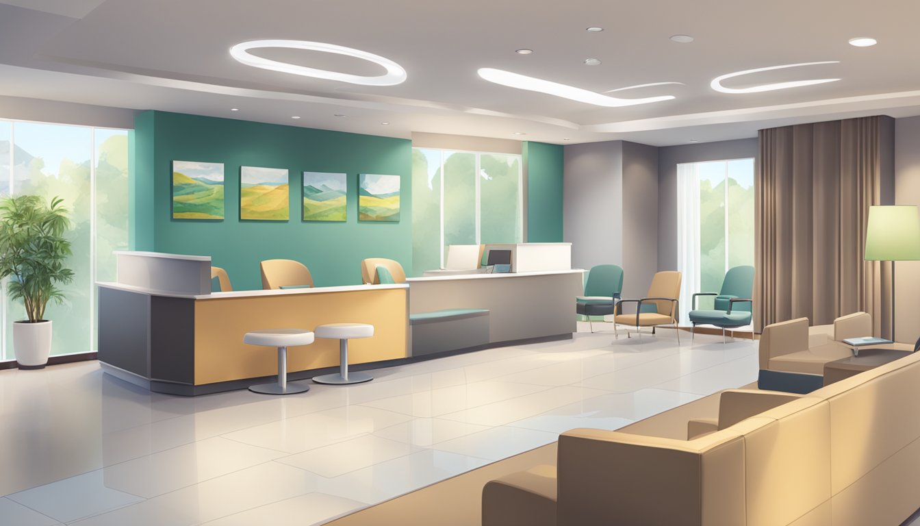 A modern, spacious waiting area with comfortable seating and natural light. A reception desk with friendly staff. State-of-the-art medical equipment visible in the background