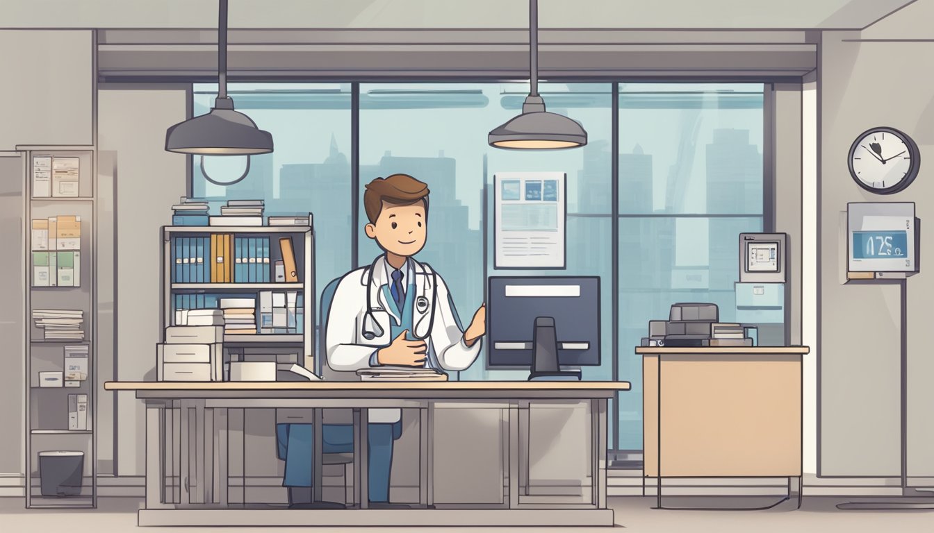 A doctor's office with a sign reading "Dr Chester Drum - National University Heart Centre | SG Cardiologist" and a clock showing the operating hours