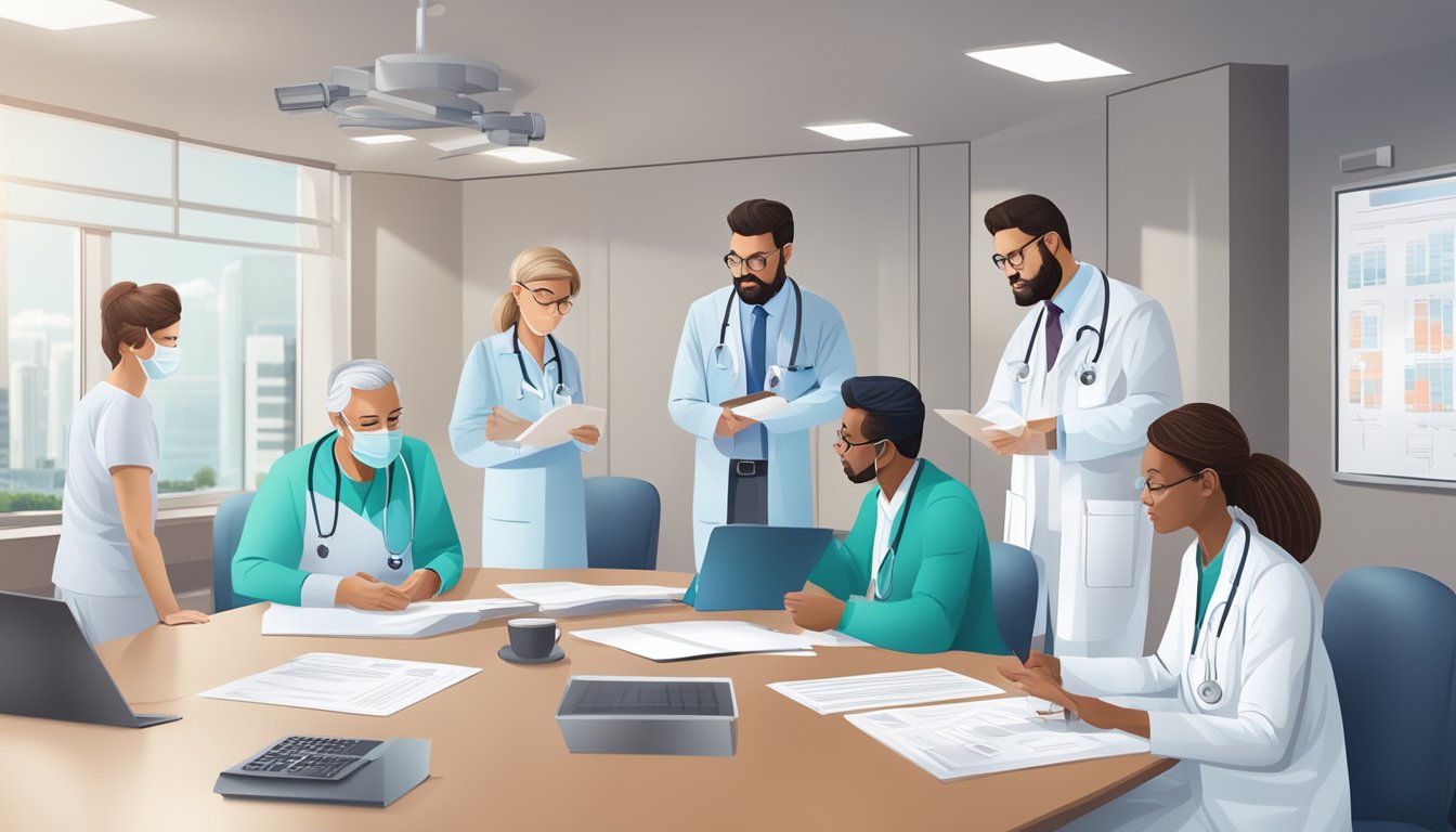 A cardiologist reviewing patient charts and discussing treatment options with a team of medical professionals in a hospital conference room