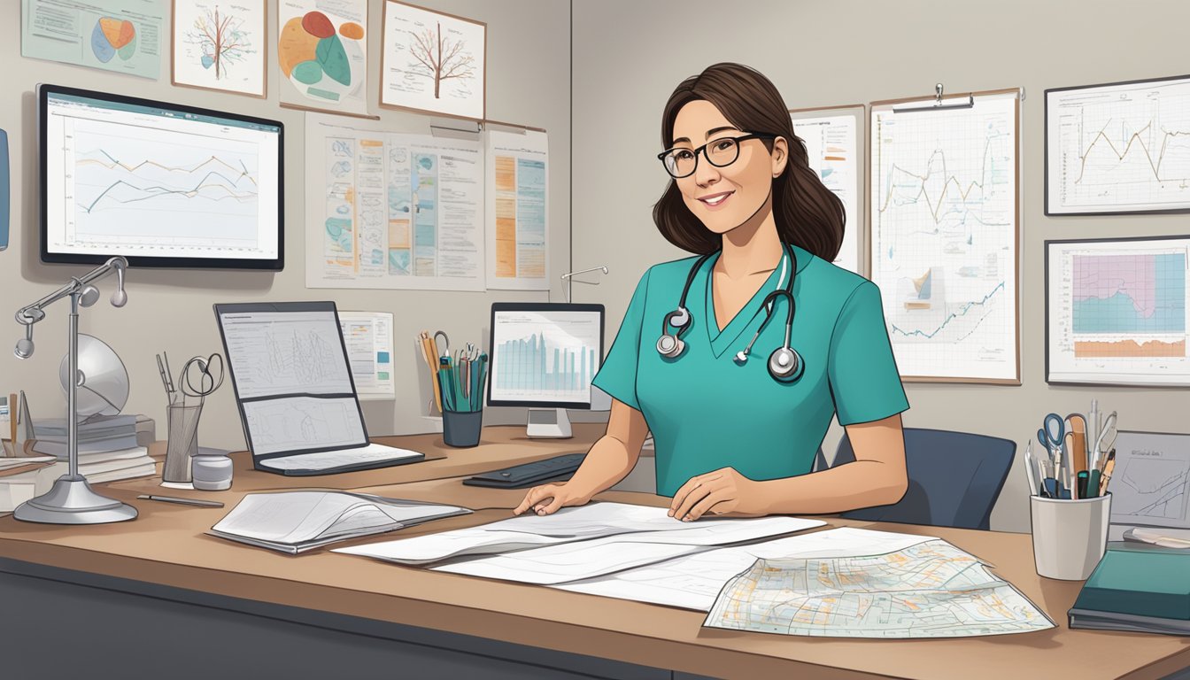 Dr. Elaine Boey in her office, surrounded by medical charts and heart diagrams. A stethoscope hangs from the desk