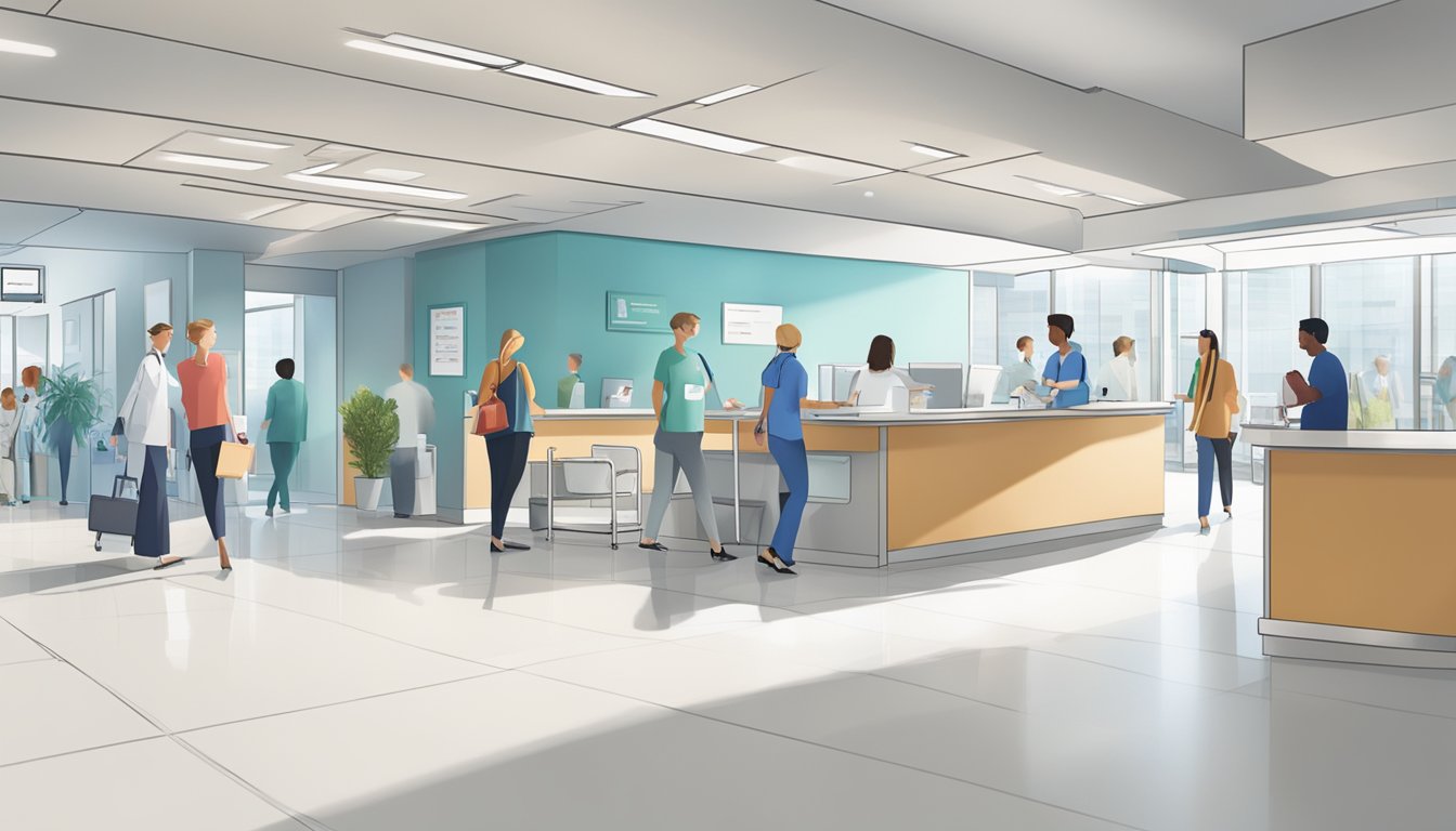A bustling hospital lobby with a prominent sign for National University Heart Centre. Patients and medical staff moving purposefully through the space