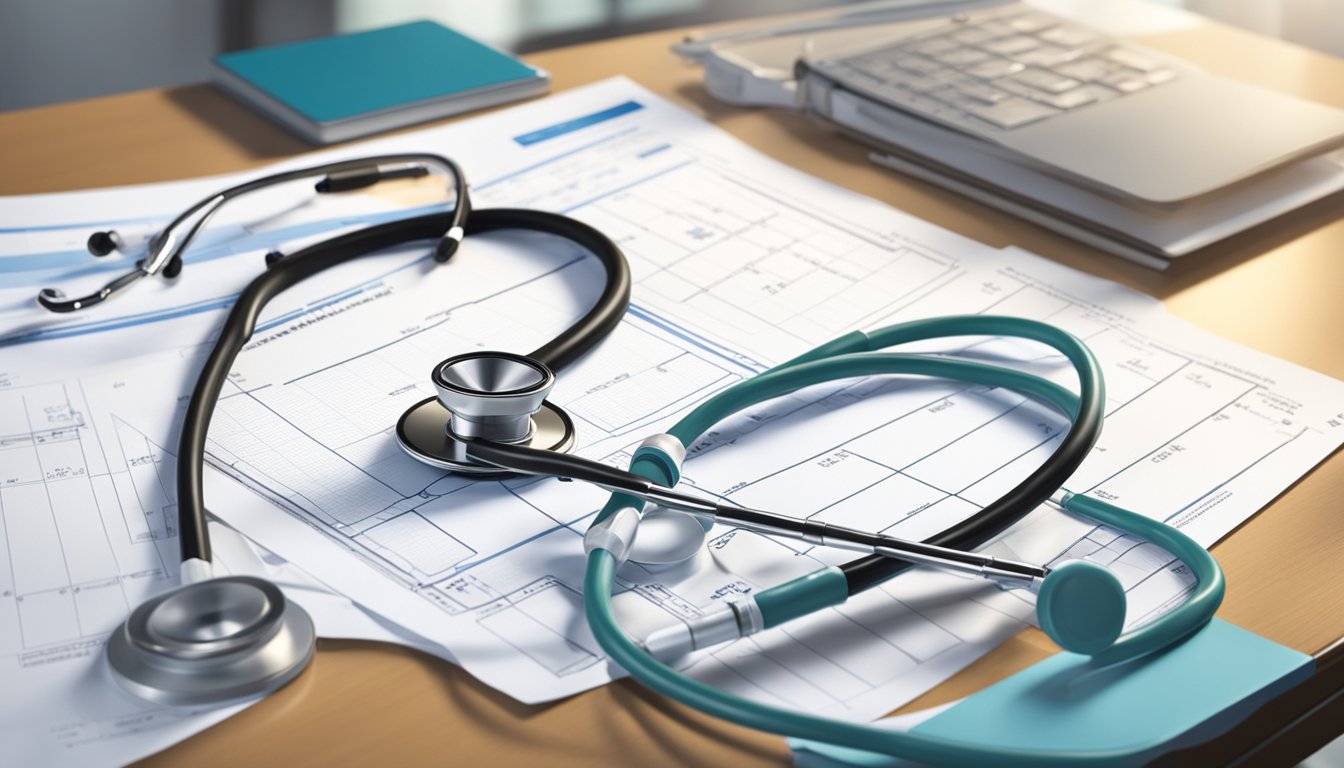 A stethoscope and a medical chart sit on the desk in a well-lit office at the National University Heart Centre, representing the work of Dr. Loh Poay Huan, a renowned cardiologist