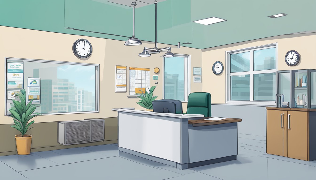 A doctor's office with a sign reading "Dr Elaine Boey - National University Heart Centre | SG Cardiologist" and a clock showing operating hours