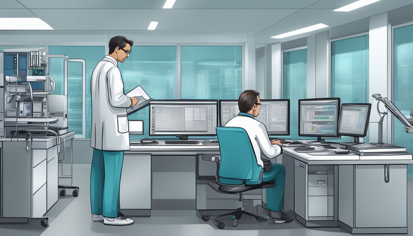 A cardiologist in a modern hospital setting, with medical equipment and a computer workstation