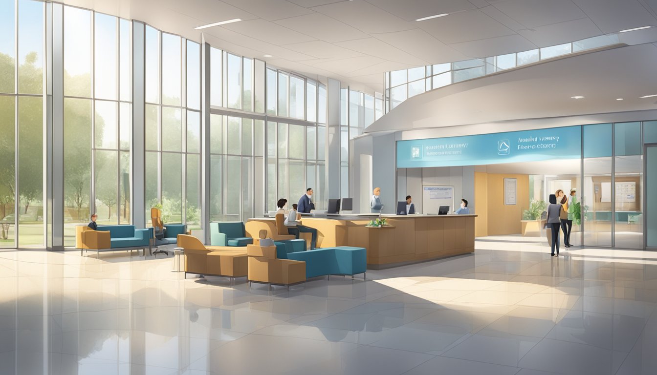 A modern, spacious waiting area filled with natural light and comfortable seating. A reception desk with friendly staff and a sign displaying "National University Heart Centre."