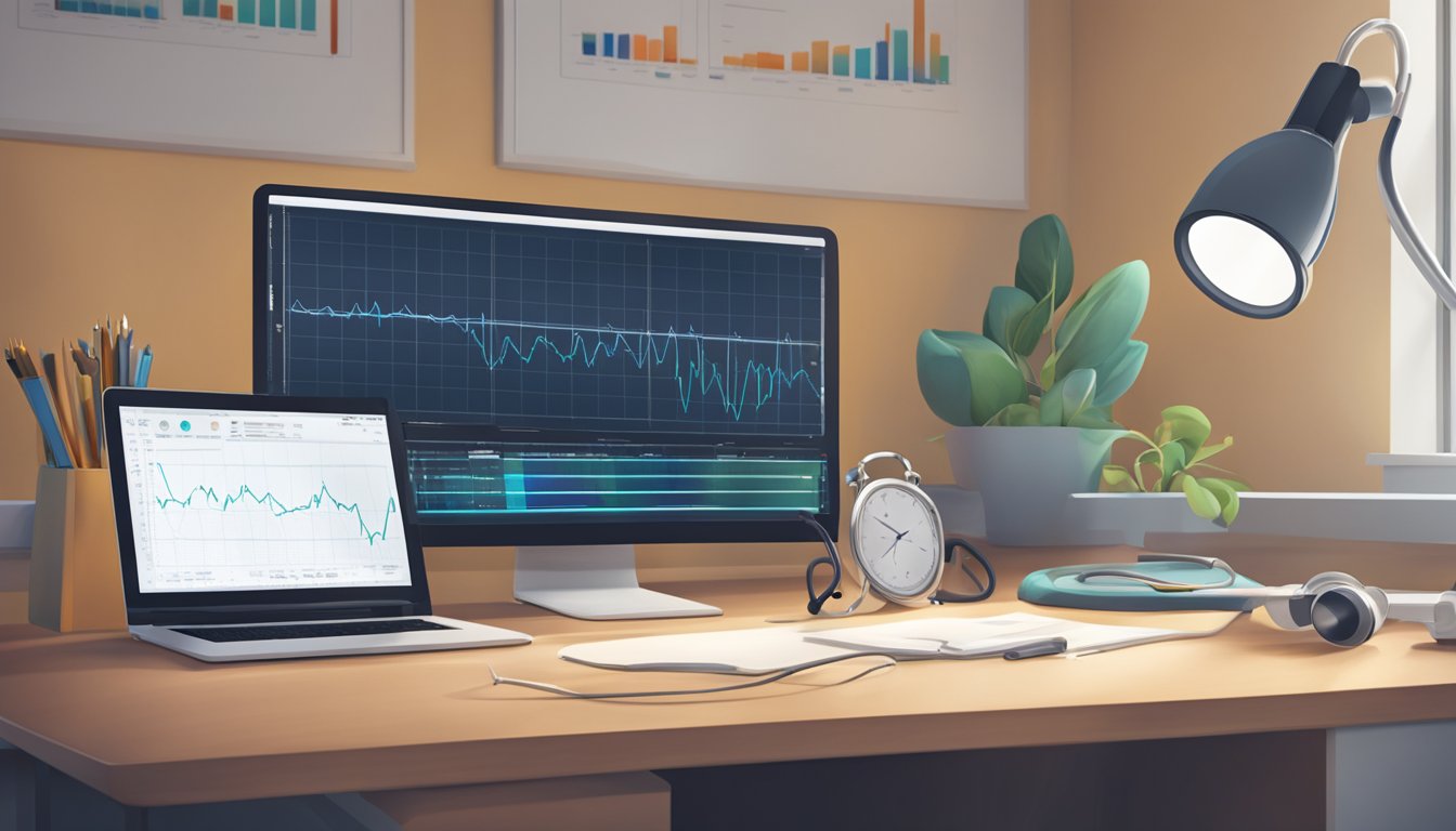 A stethoscope rests on a desk next to a computer displaying a heart monitor graph. A diploma hangs on the wall behind, with a framed photo of a stethoscope