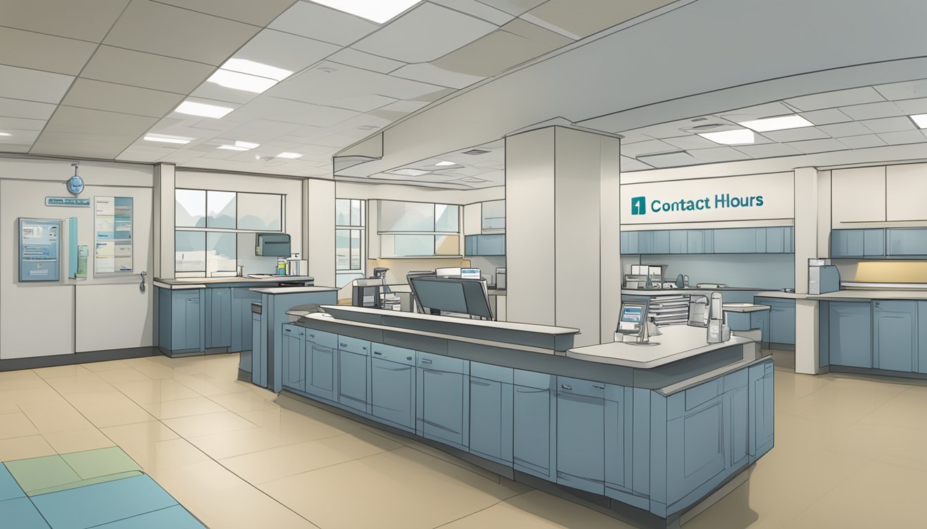 A doctor's name and title displayed alongside the name of a medical facility, with the words "Contact Information & Operating Hours" above