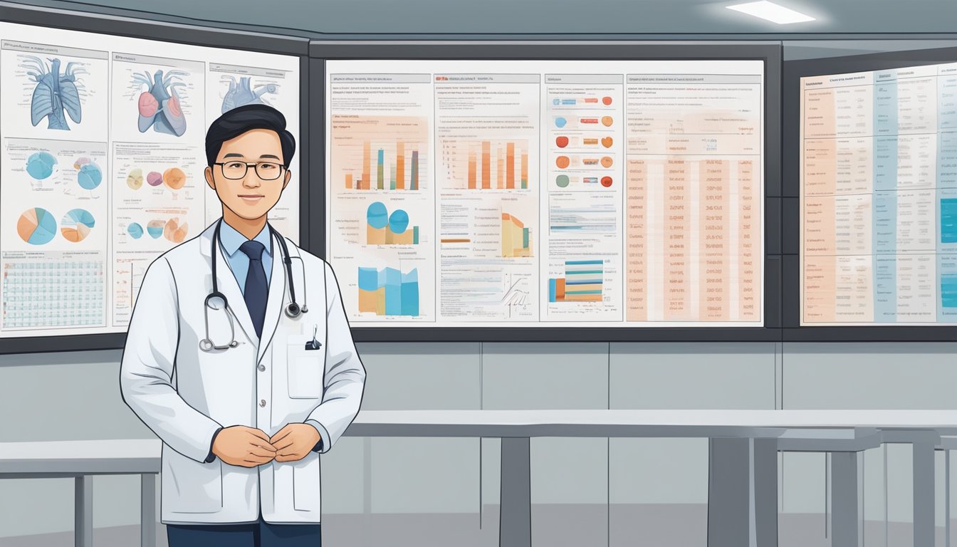 A cardiologist, Dr. Loh Poay Huan, stands in front of a display board with frequently asked questions at the National University Heart Centre