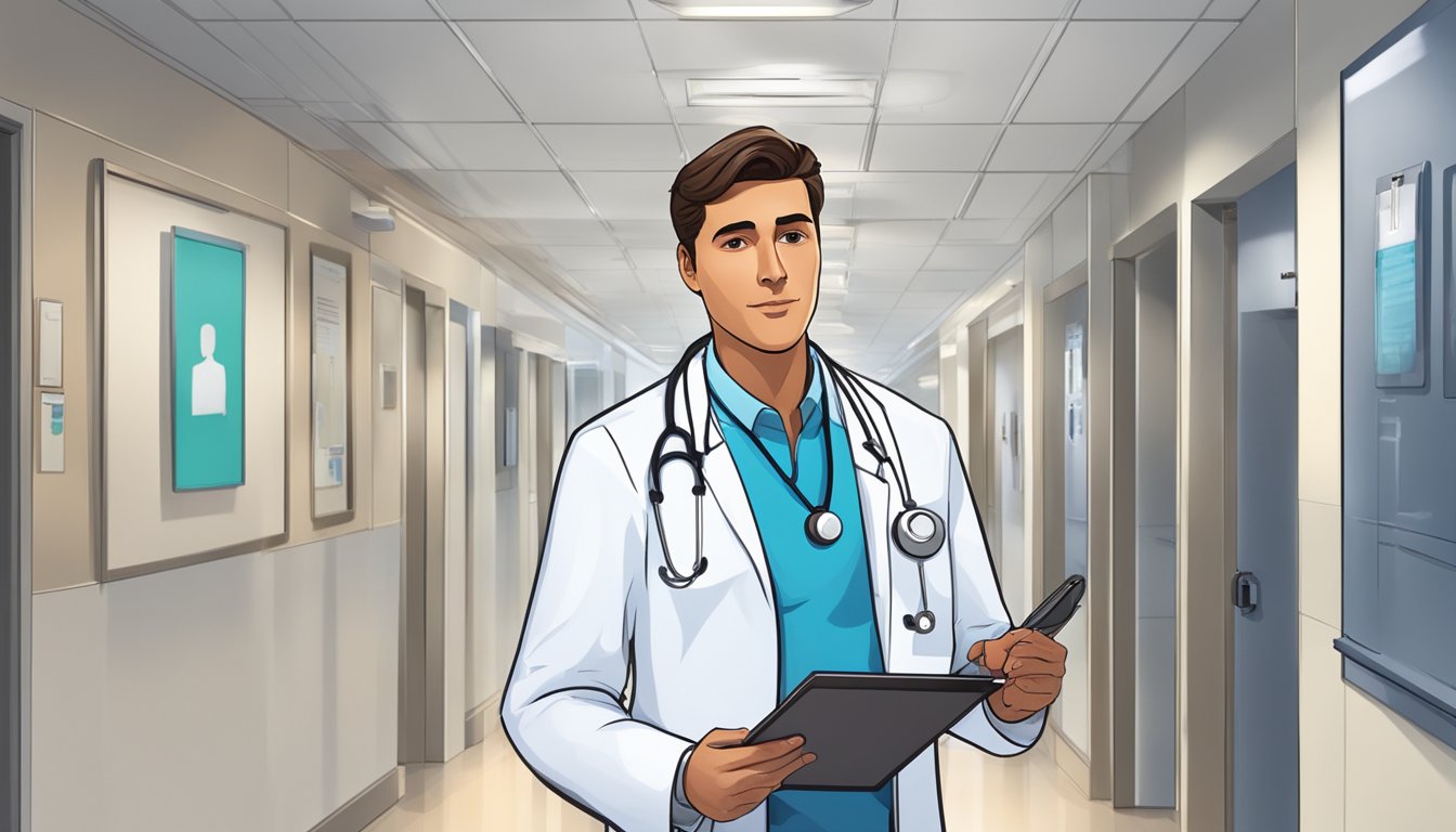 A doctor in a white lab coat stands in a modern hospital hallway, with a stethoscope around his neck and a clipboard in hand. The sign "National University Heart Centre" is visible in the background