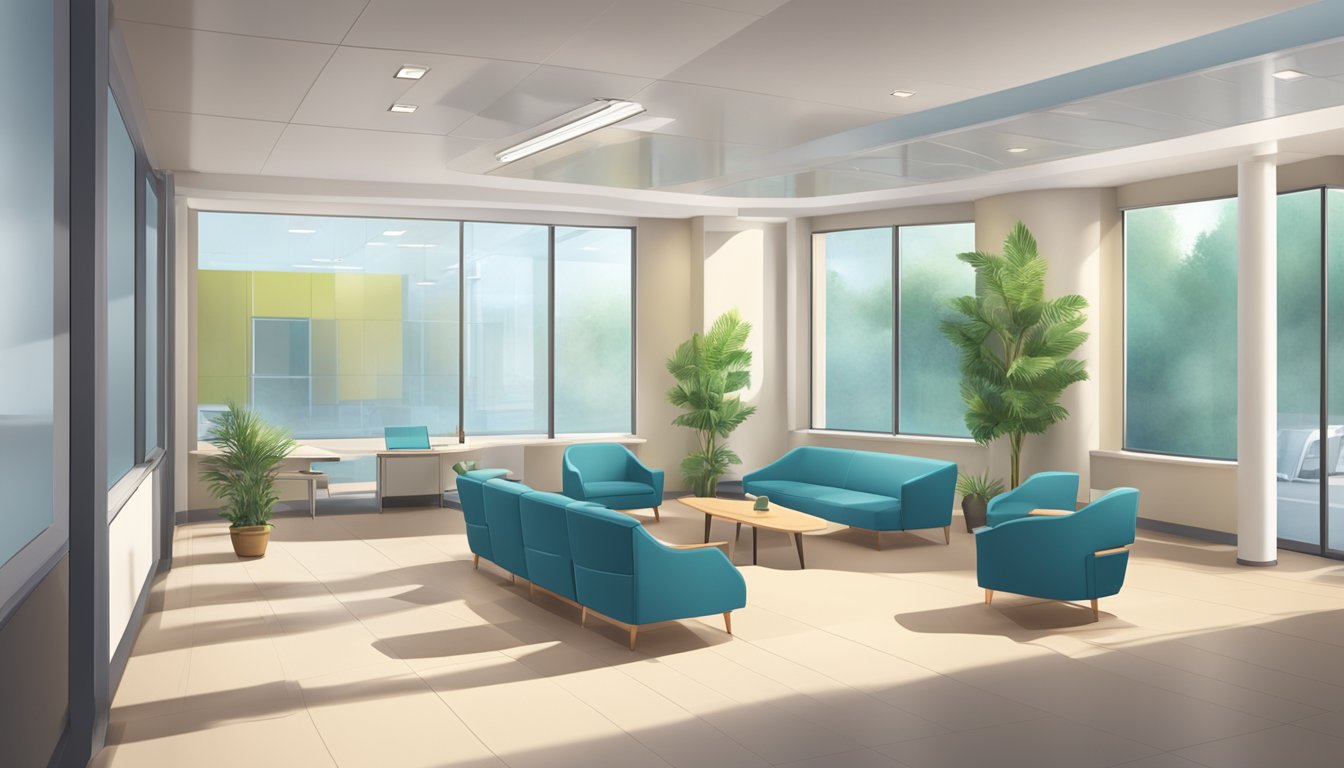A modern, spacious waiting area with comfortable seating and natural lighting. A reception desk with friendly staff. State-of-the-art medical equipment visible in the background