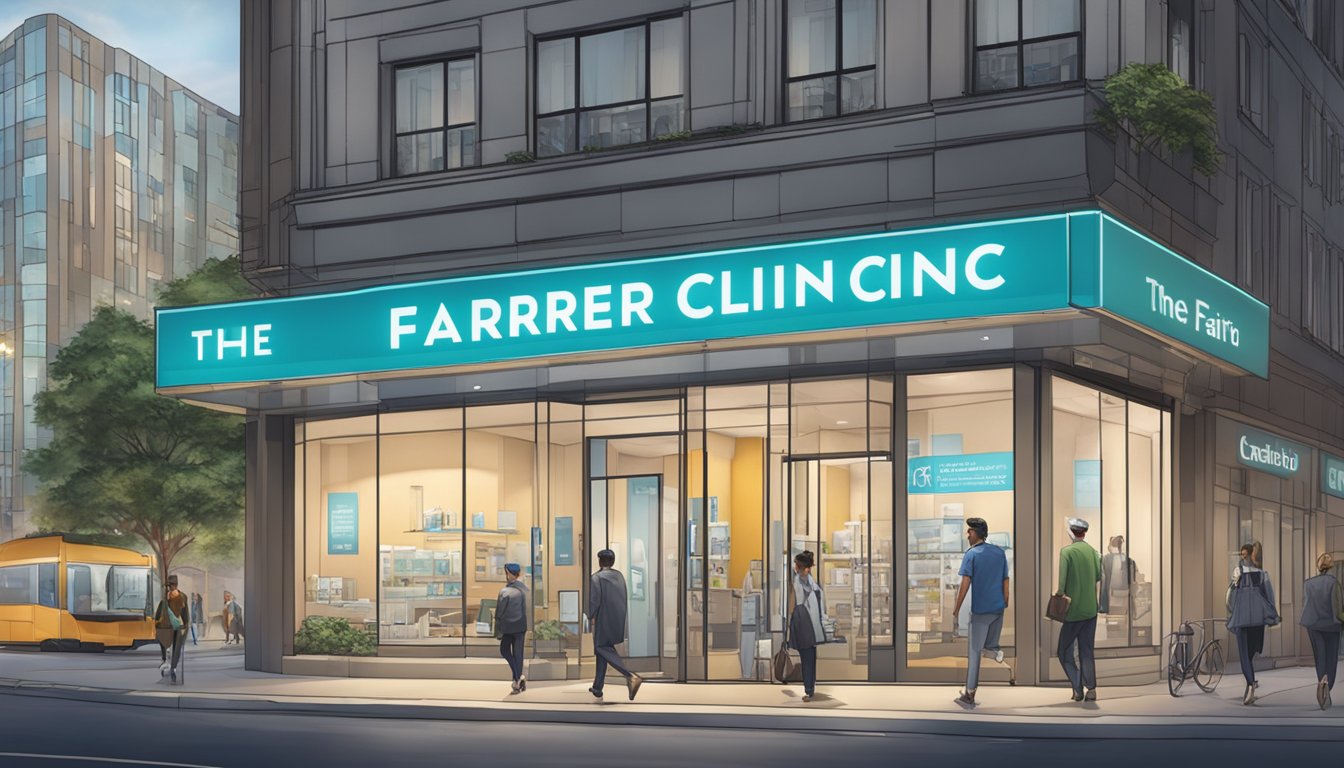 A modern clinic exterior with clear signage, set against a backdrop of a bustling city street, with the name "The Cardio Clinic @ Farrer" prominently displayed
