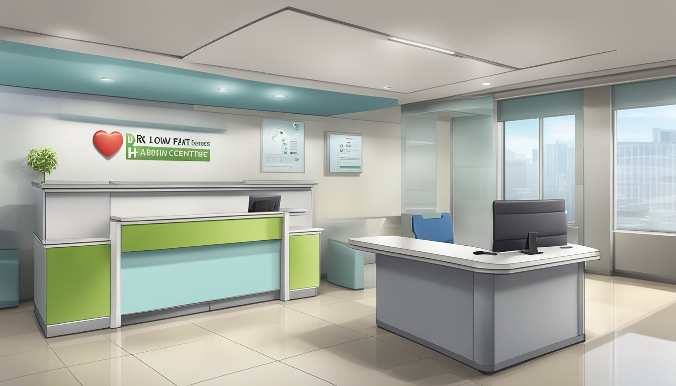 A modern hospital reception desk with a sign displaying "Dr Low Fatt Hoe Adrian - National University Heart Centre | SG Cardiologist" and operating hours