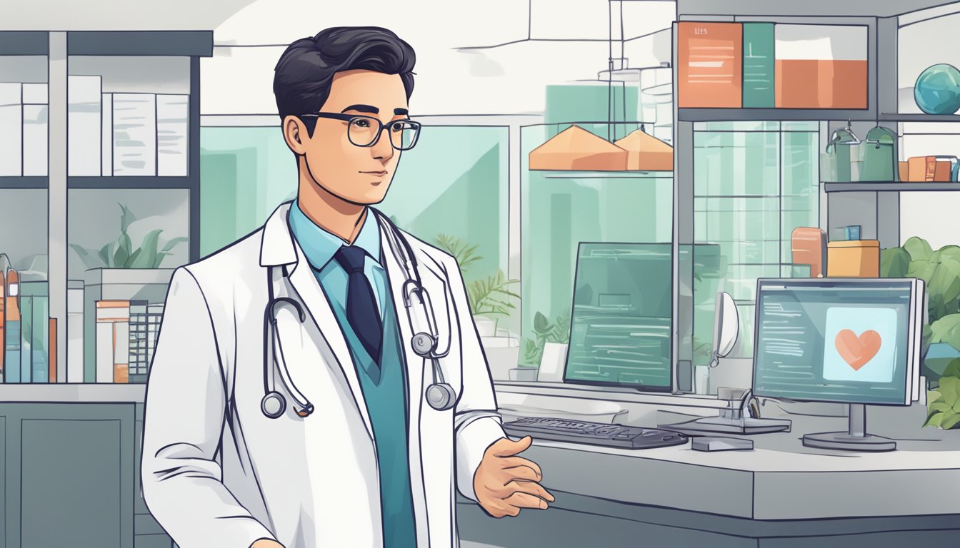 A doctor in a white coat stands in front of a sign that reads "Frequently Asked Questions Dr Low Fatt Hoe Adrian - National University Heart Centre | SG Cardiologist."