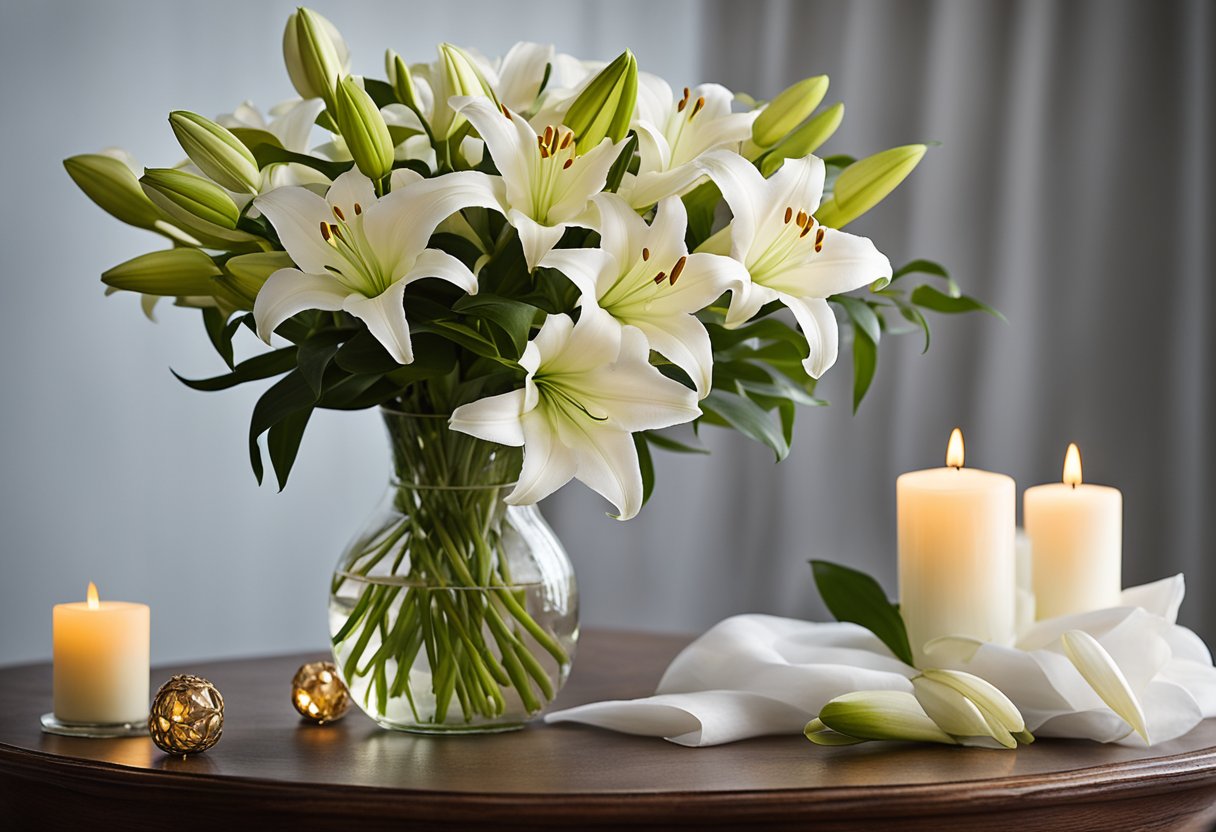 A vase of lilies sits on a table, surrounded by soft candlelight. The delicate flowers symbolize purity and renewal, perfect for special occasions