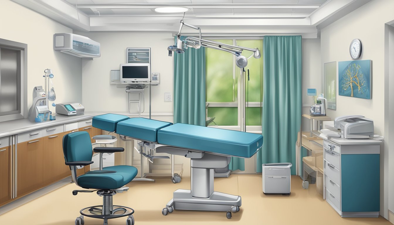 A doctor's office with medical equipment and a desk. Logo of "Bernard Kwok Cardiology Clinic" displayed prominently