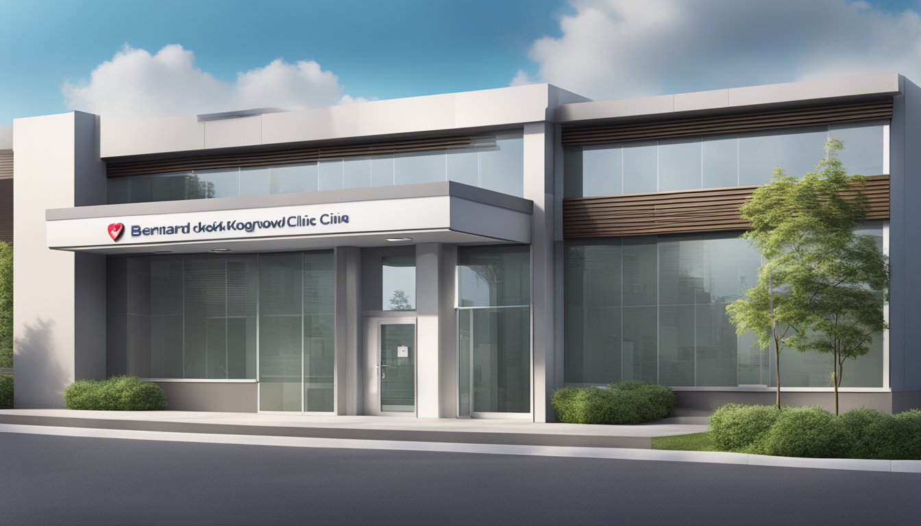 A modern and sleek cardiology clinic exterior with clear signage, displaying the name "Bernard Kwok Cardiology Clinic" and operating hours