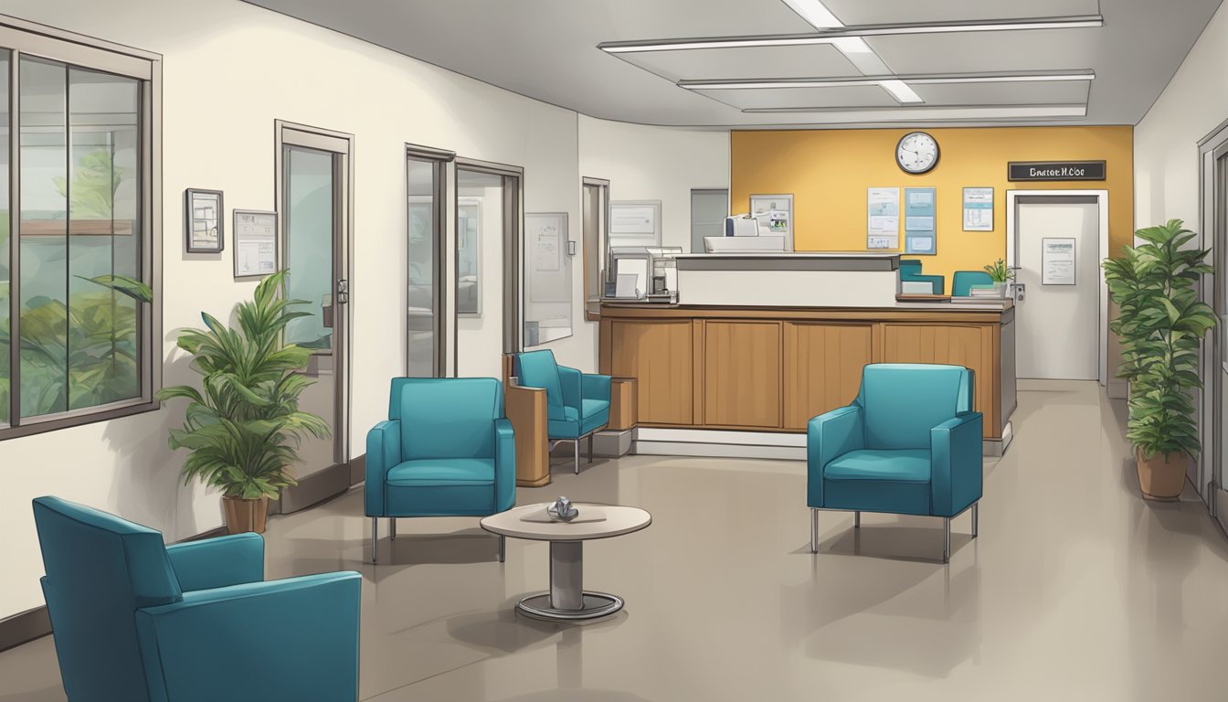 A doctor's office with a sign reading "Bernard Kwok Cardiology Clinic" and a waiting area with chairs and a reception desk
