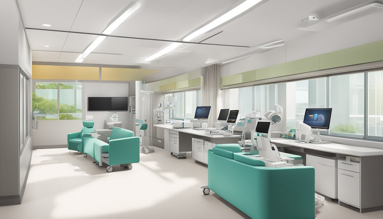 A modern hospital room with medical equipment and a desk, displaying the logo of the Asian Heart & Vascular Centre at Farrer Park Hospital