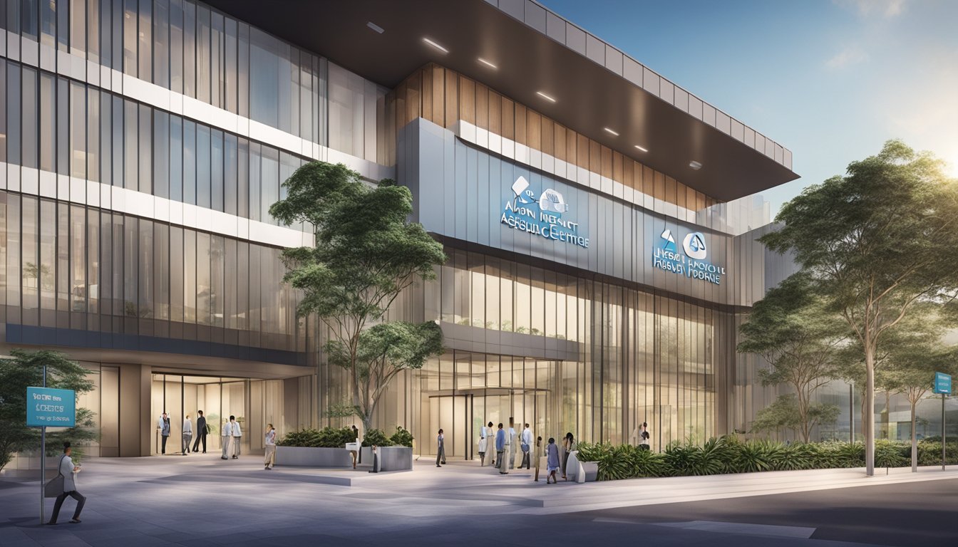 A modern hospital entrance with a prominent sign for the Asian Heart & Vascular Centre at Farrer Park Hospital, featuring a sleek and professional design