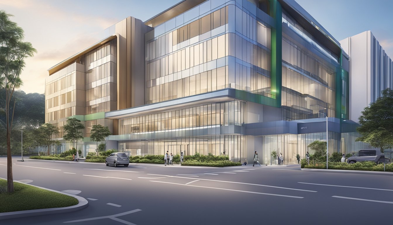A modern hospital exterior with clear signage for "Asian Heart & Vascular Centre" at Farrer Park Hospital. The building is well-lit and has a professional appearance. Operating hours and contact information are displayed prominently