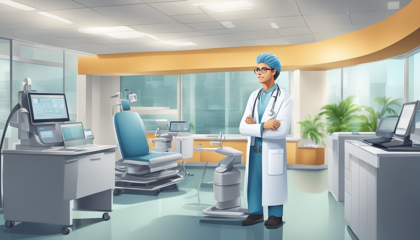 A cardiologist answering FAQs in a modern hospital setting with medical equipment and a welcoming environment