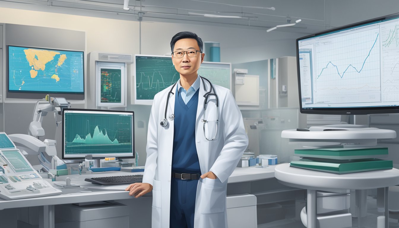 Dr Kua Jieli stands confidently in the National University Heart Centre, surrounded by medical equipment and charts, ready to provide expert care