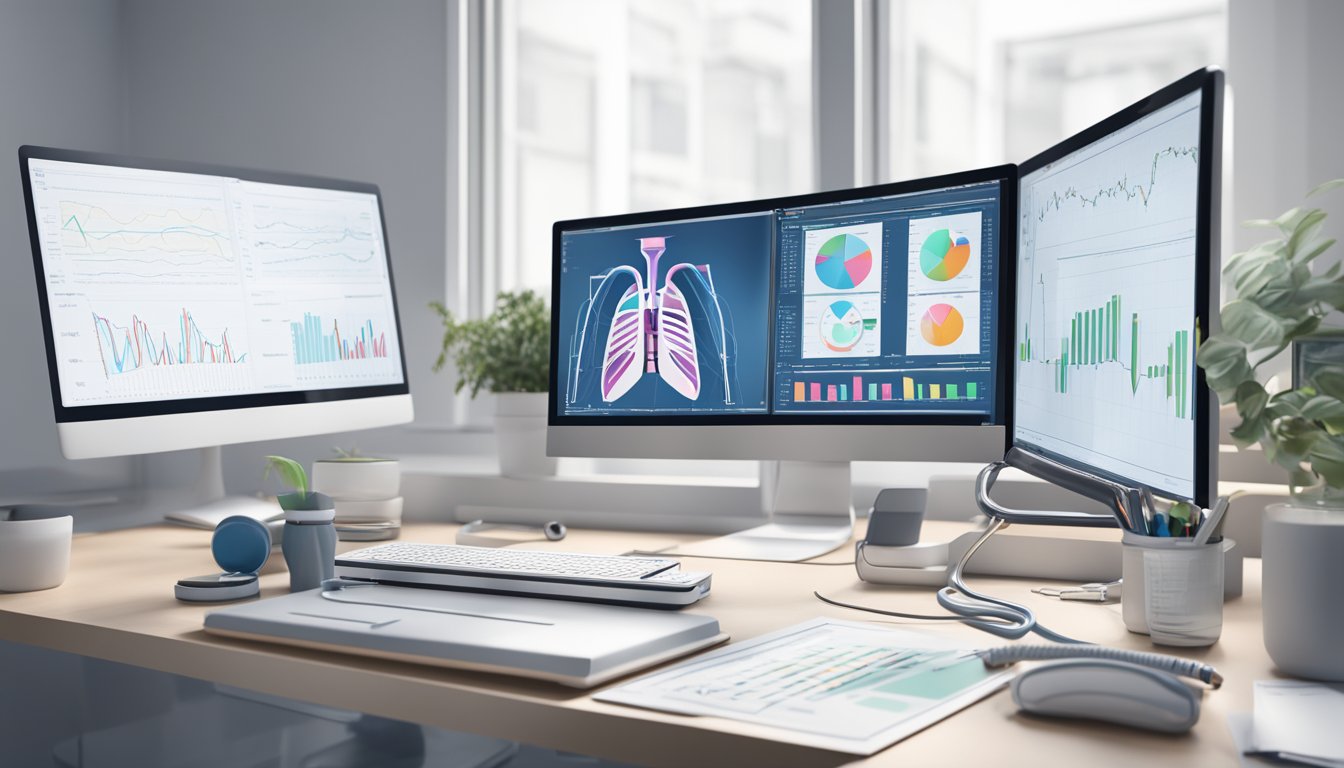 A stethoscope lies on a clean, white desk next to a sleek computer monitor displaying heart scans and medical charts