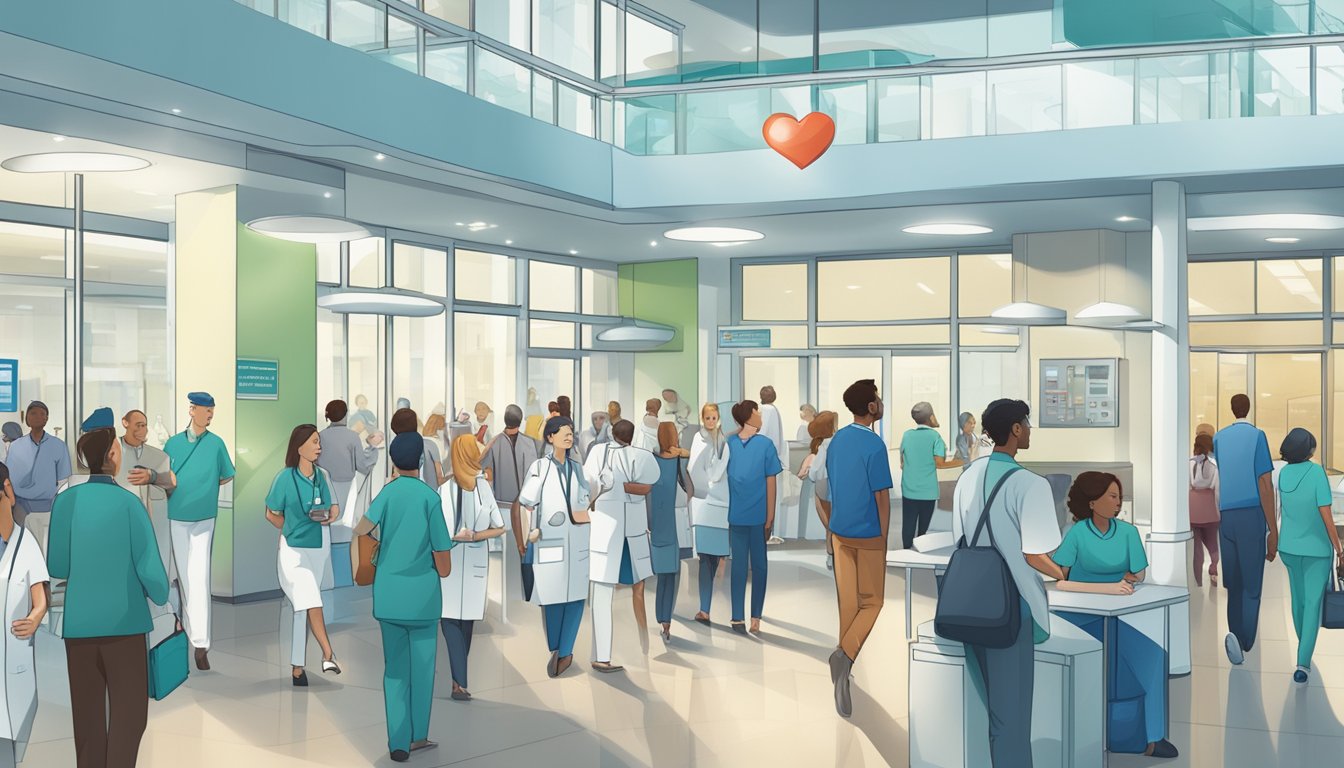 A busy hospital lobby with a prominent sign for "National University Heart Centre" and a sense of urgency in the air