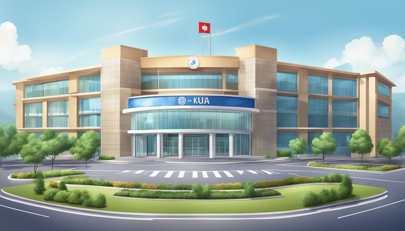 A bright and modern hospital exterior with the sign "National University Heart Centre" and the name "Dr Kua Jieli - Cardiologist" displayed prominently