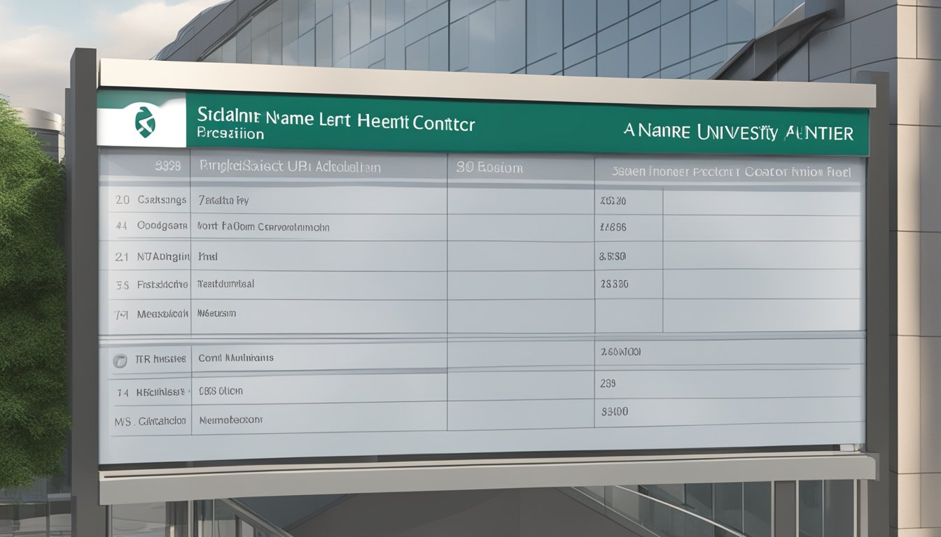 A doctor's name and contact information displayed on a sign outside the National University Heart Centre, with operating hours listed