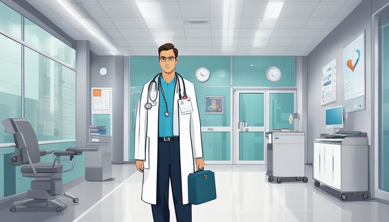 A cardiologist in a white coat stands in a modern hospital corridor, surrounded by medical equipment and charts. The logo of the National University Heart Centre is visible in the background