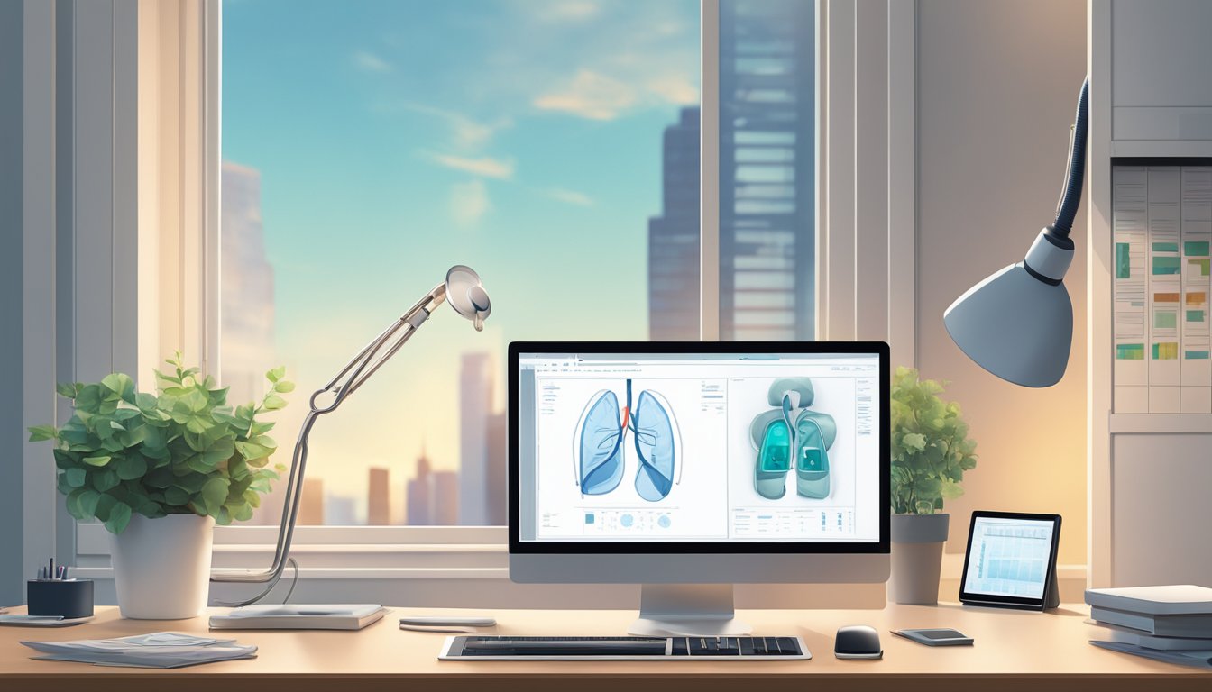 A stethoscope rests on a desk next to a computer screen displaying heart scans and medical charts. A white coat hangs on the back of a chair in a tidy office
