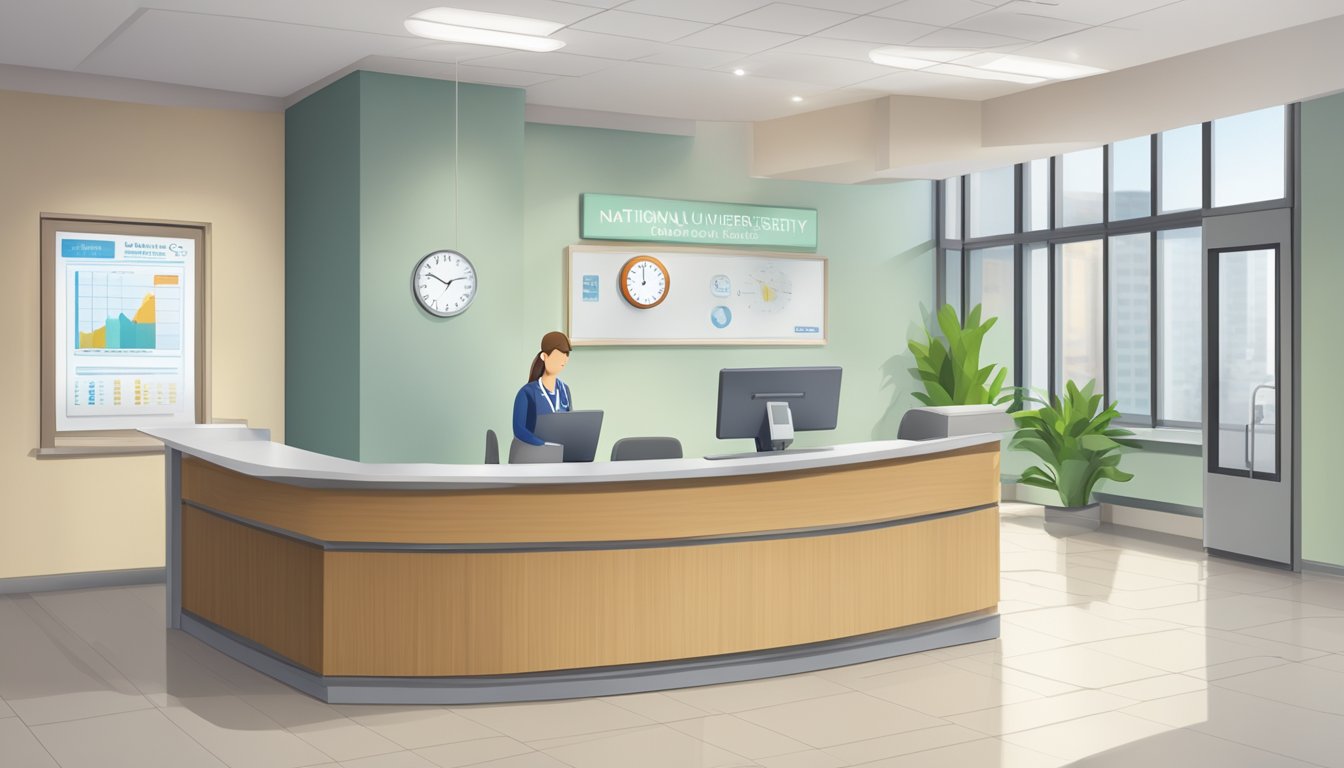 A modern hospital reception desk with a sign reading "National University Heart Centre | SG Cardiologist." A clock on the wall shows operating hours