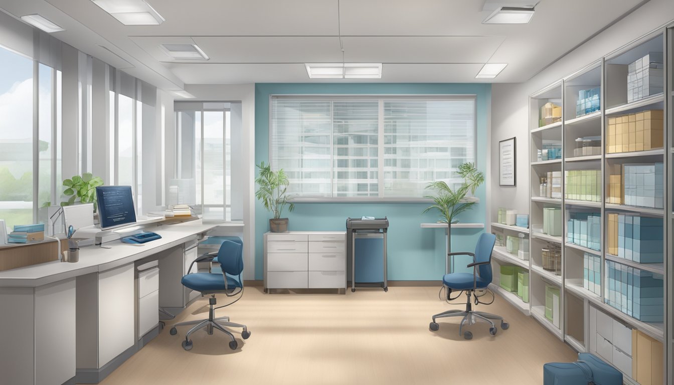 A modern medical office with a sign reading "Dr Benjamin Chua - Novena Specialist Center | SG Cardiologist" prominently displayed