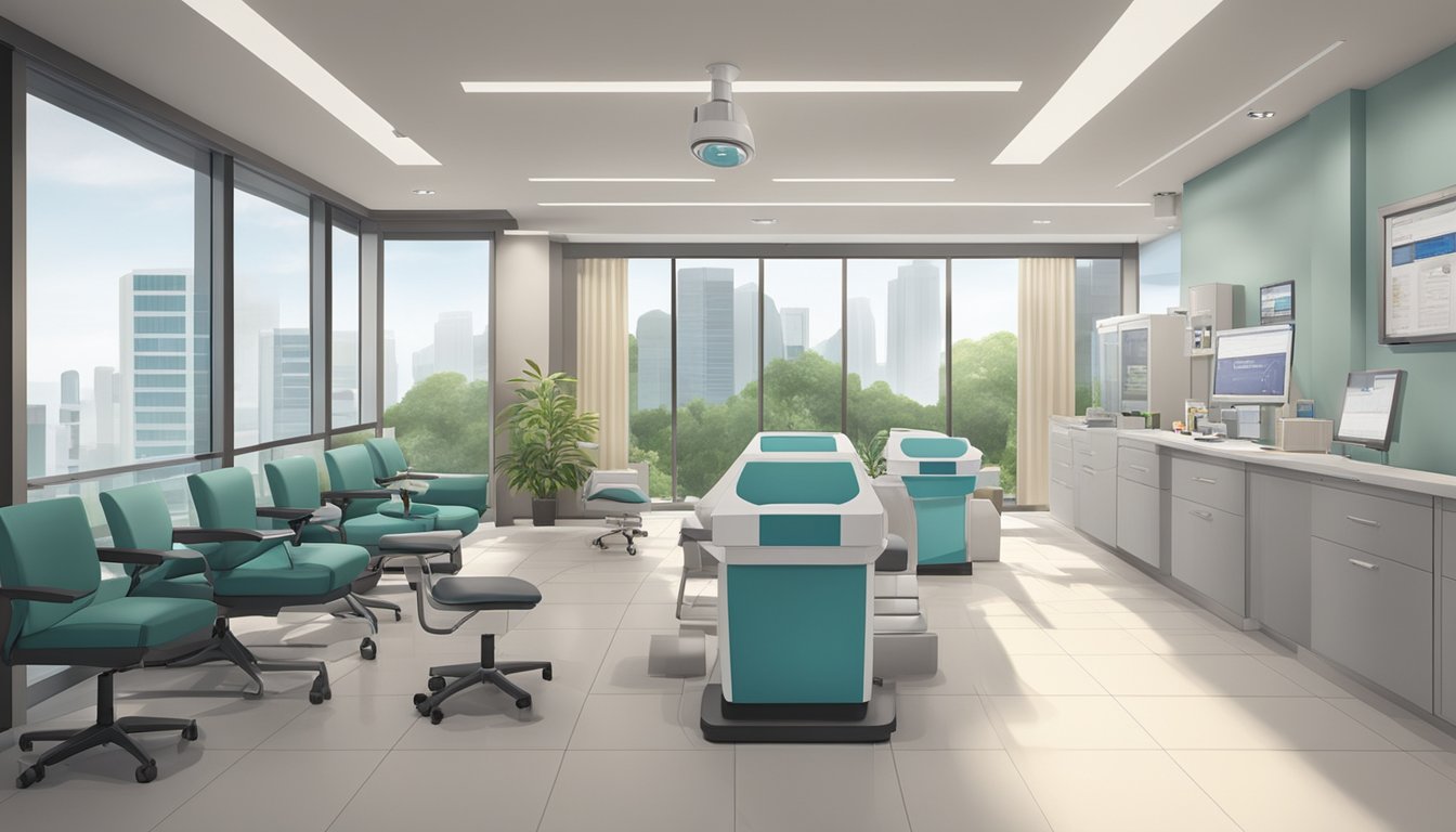 The scene is a modern medical office at Novena Specialist Center, with a prominent sign for Dr. Benjamin Chua, a renowned SG cardiologist