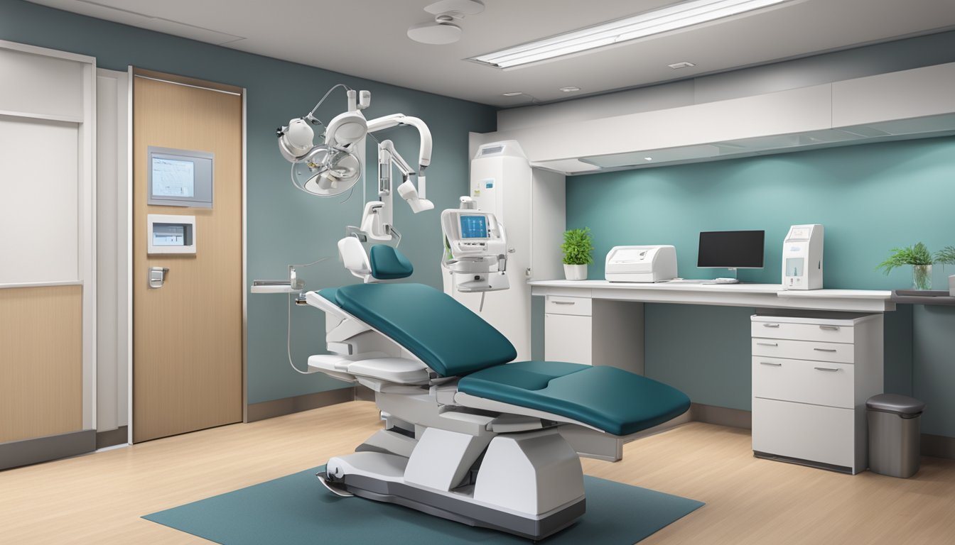 A modern medical office with Dr. Benjamin Chua's name on the door, surrounded by state-of-the-art equipment and comfortable seating for patients