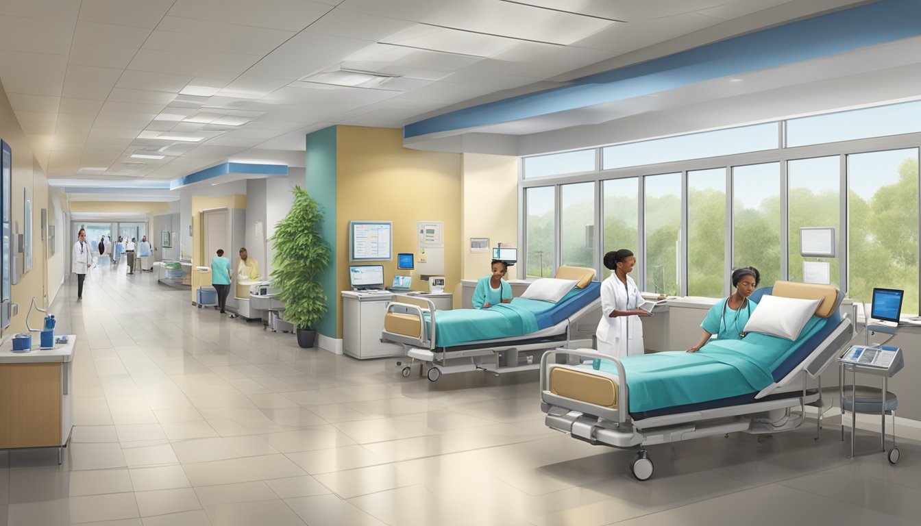 A bustling medical center with modern facilities and a welcoming atmosphere. Patients and staff move purposefully through the corridors, while state-of-the-art equipment lines the walls, creating a sense of expertise and precision