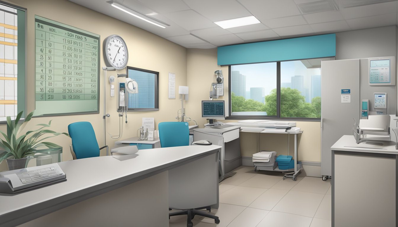 A modern medical office with a sign reading "Dr. Benjamin Chua - Novena Specialist Center | SG Cardiologist" and a visible operating hours schedule