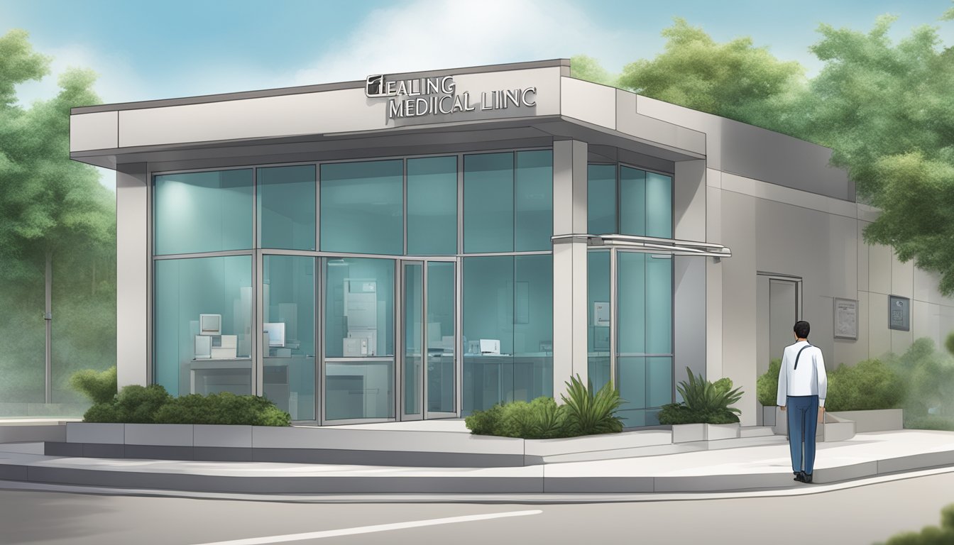 A modern medical clinic with Dr. Gerald Thang's name prominently displayed. The sign reads "Healing Heart Medical Clinic | SG Cardiologist."