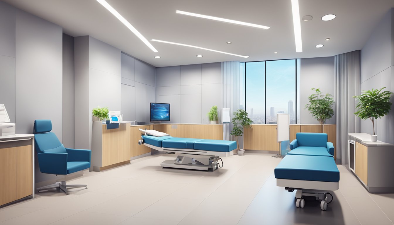 A modern clinic with a welcoming reception area, state-of-the-art medical equipment, and comfortable consultation rooms