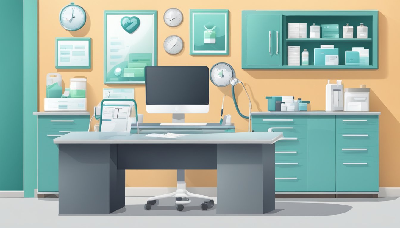 A serene medical clinic with a heart-shaped logo on the door. A stethoscope and medical equipment neatly arranged on a desk