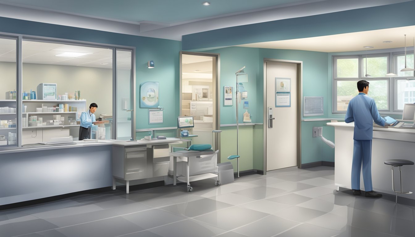 The scene depicts a modern medical clinic with the signage "A Healing Heart Medical Clinic" and "Dr Gerald Thang - SG Cardiologist" prominently displayed
