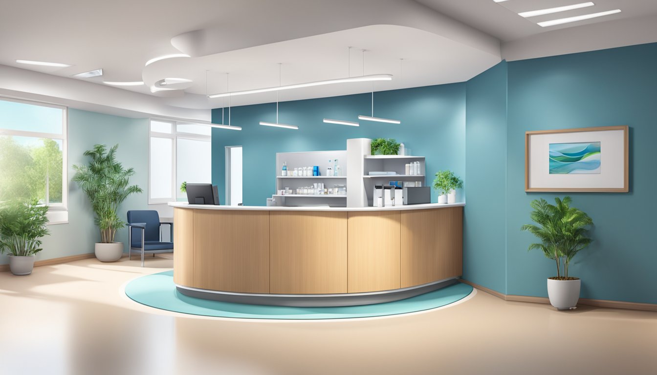A modern medical clinic with a welcoming reception area and state-of-the-art equipment, showcasing a professional and caring environment for cardiology patients