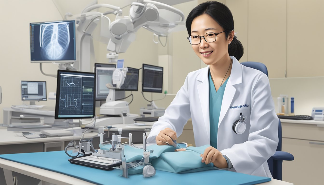 Dr. Lim Shir Lynn at National University Heart Centre, SG. Show her in a professional setting, with medical equipment and a focus on her expertise as a cardiologist