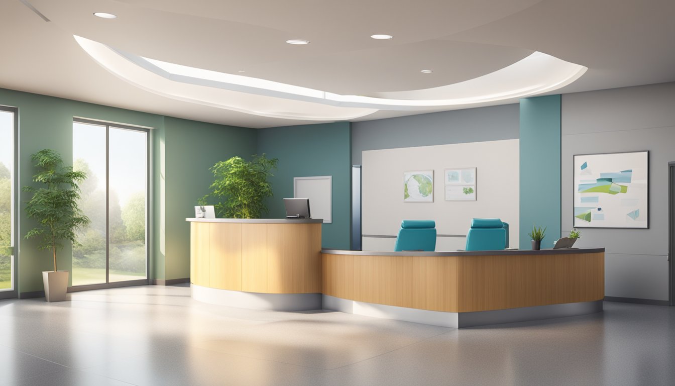 A modern and spacious waiting area with comfortable seating and natural lighting. A reception desk with friendly staff. State-of-the-art medical equipment and technology visible in the background