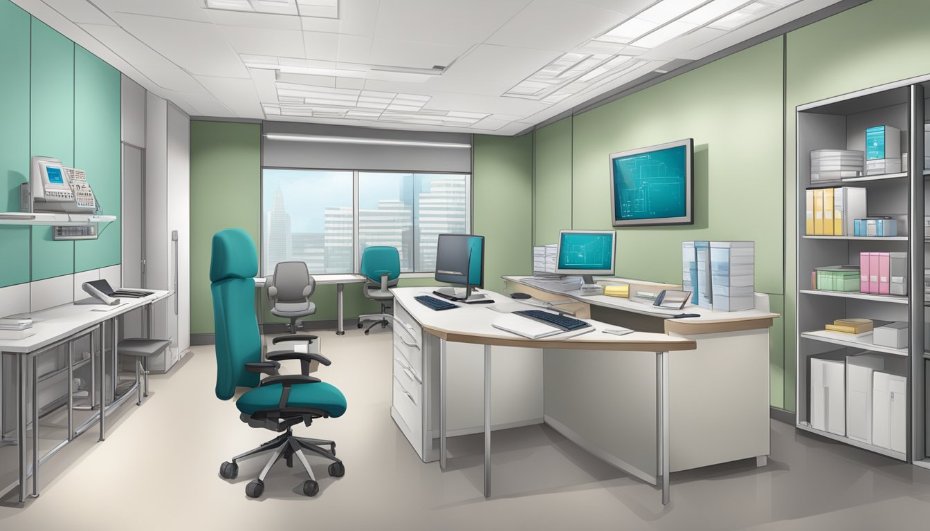 A modern medical office with a desk, computer, and phone. The sign reads "Dr Lim Shir Lynn - National University Heart Centre | SG Cardiologist."