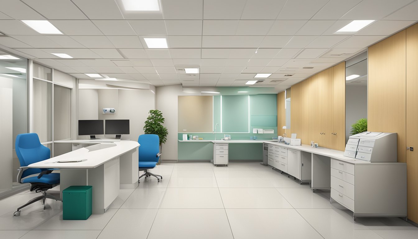 A modern medical office with Dr. Julian Tan's name prominently displayed at Mt Elizabeth Medical Centre, Singapore