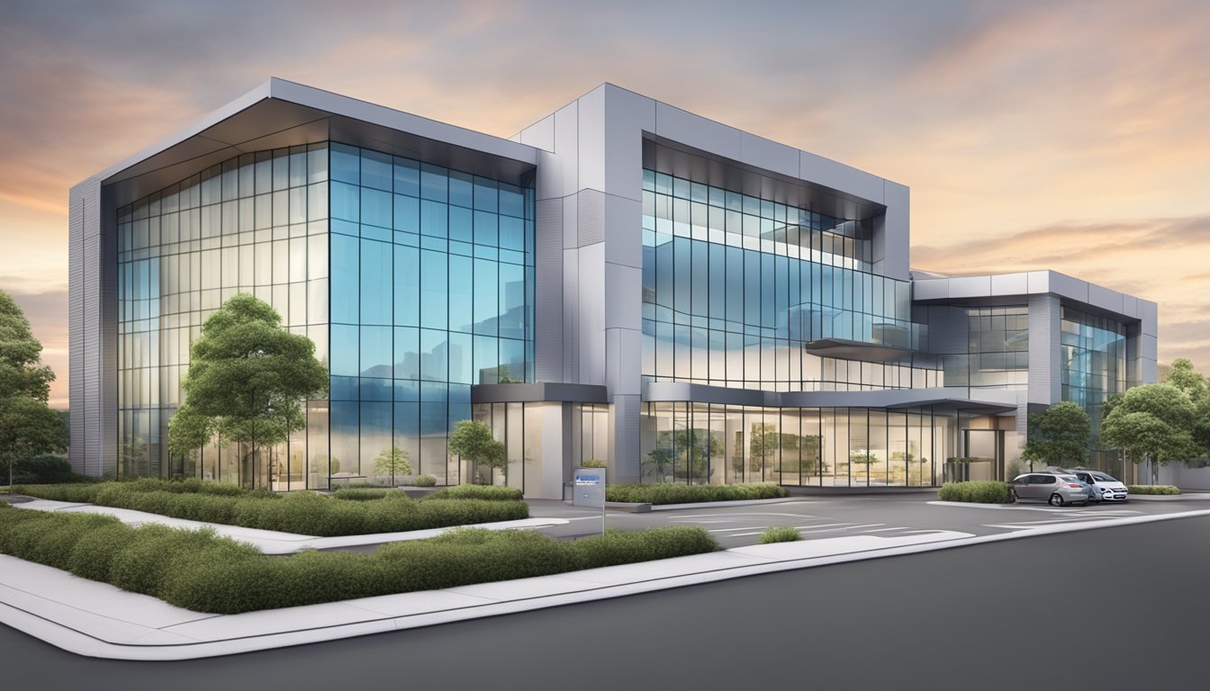A modern medical center with sleek architecture and a prominent sign reading "Dr Julian Tan - Cardiologist" at Mt Elizabeth Medical Centre